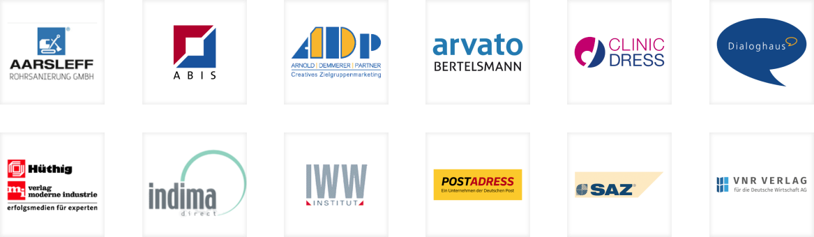 Logos von Partnern und Kunden von BDS: Aarsleff Rohrsanierungs GmbH, ABIS, ADP, arvato Bertelsmann, Clinic Dress, Dialoghaus, Hüthig, indima, IWW, Postadress, SAZ, VNR Verlag